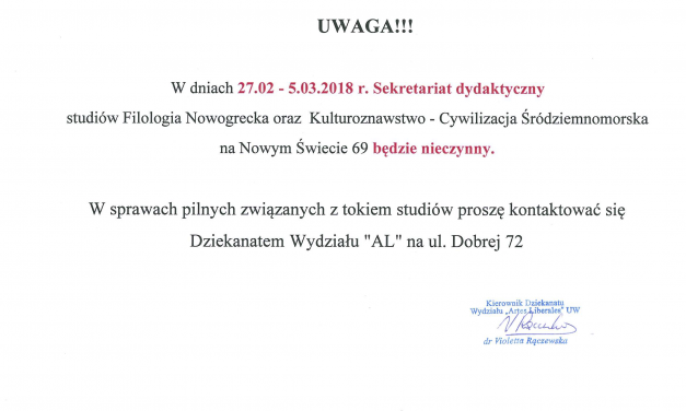 Sekretariat dydaktyczny nieczynny
